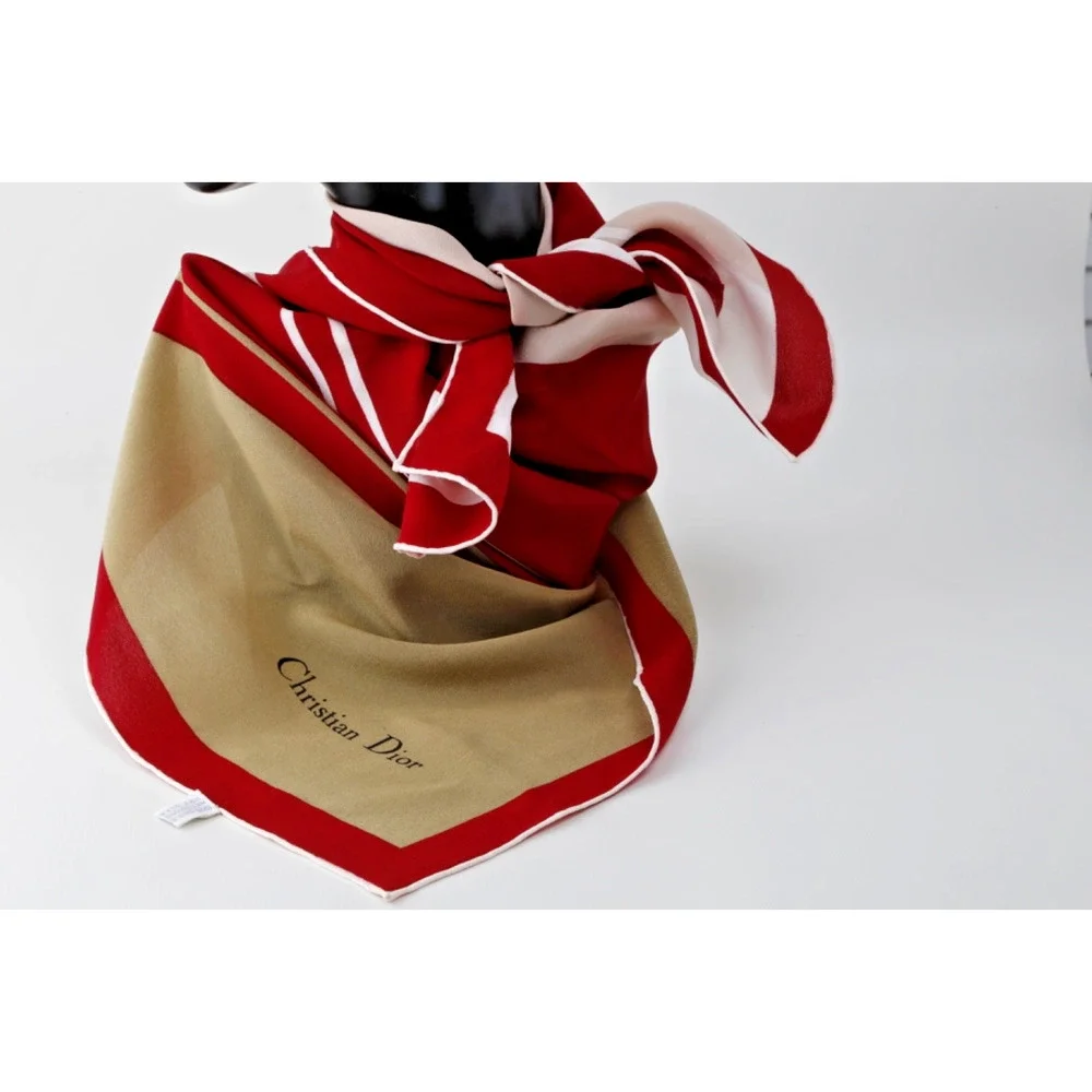 Vintage Christian Dior Silk Square Scarf Beige Tan Red Border White Stripe Logo